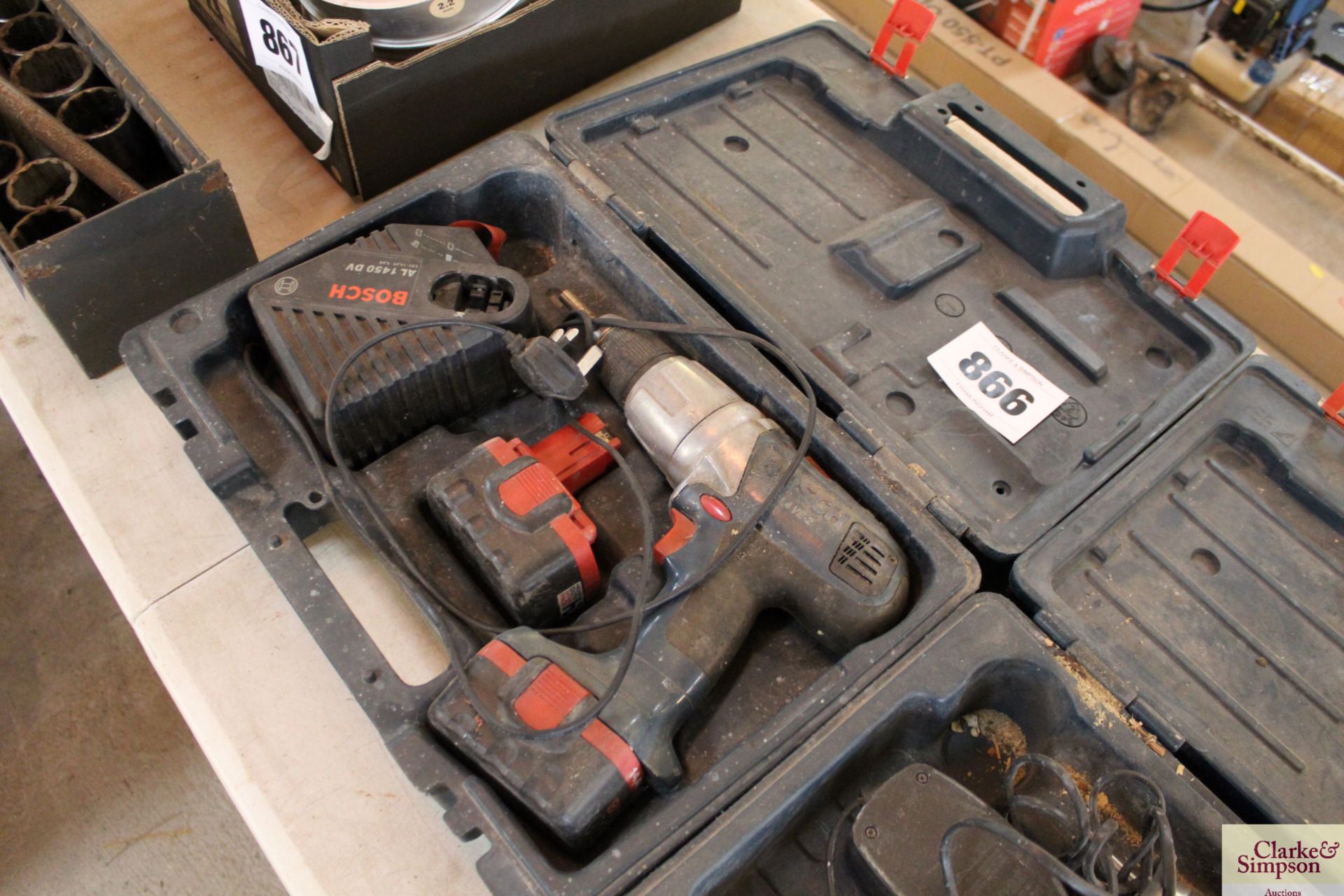 Bosch GSB cordless 14.4v drill with 2 batteries and charger.