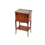 A 19th Century French rosewood and inlaid three drawer chest, surmounted by a marble top above three