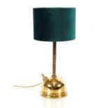 A brass table lamp, in the form of a Tilley lamp with green shade, 55cm high