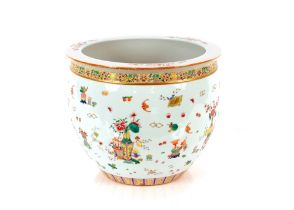 A Chinese porcelain fish bowl, painted with bats, flowers and precious objects heightened in gilt,