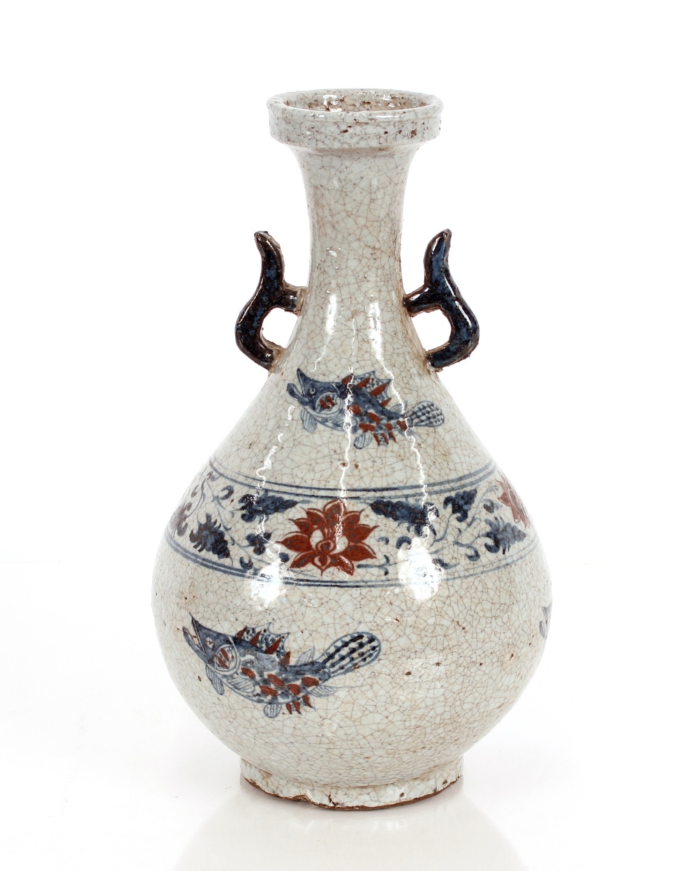 A Chinese blue grey and red decorated pottery vase, of baluster form with floral and fish