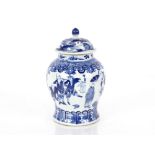 A Chinese blue and white baluster jar and cover, having four character mark to base and decorated