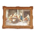 R Moretti, Roma late 19th Century, finely painted interior study with figures playing cards and
