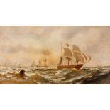 J Douglas, study of warships at sea, signed oil on canvas, 26cm x 45cm