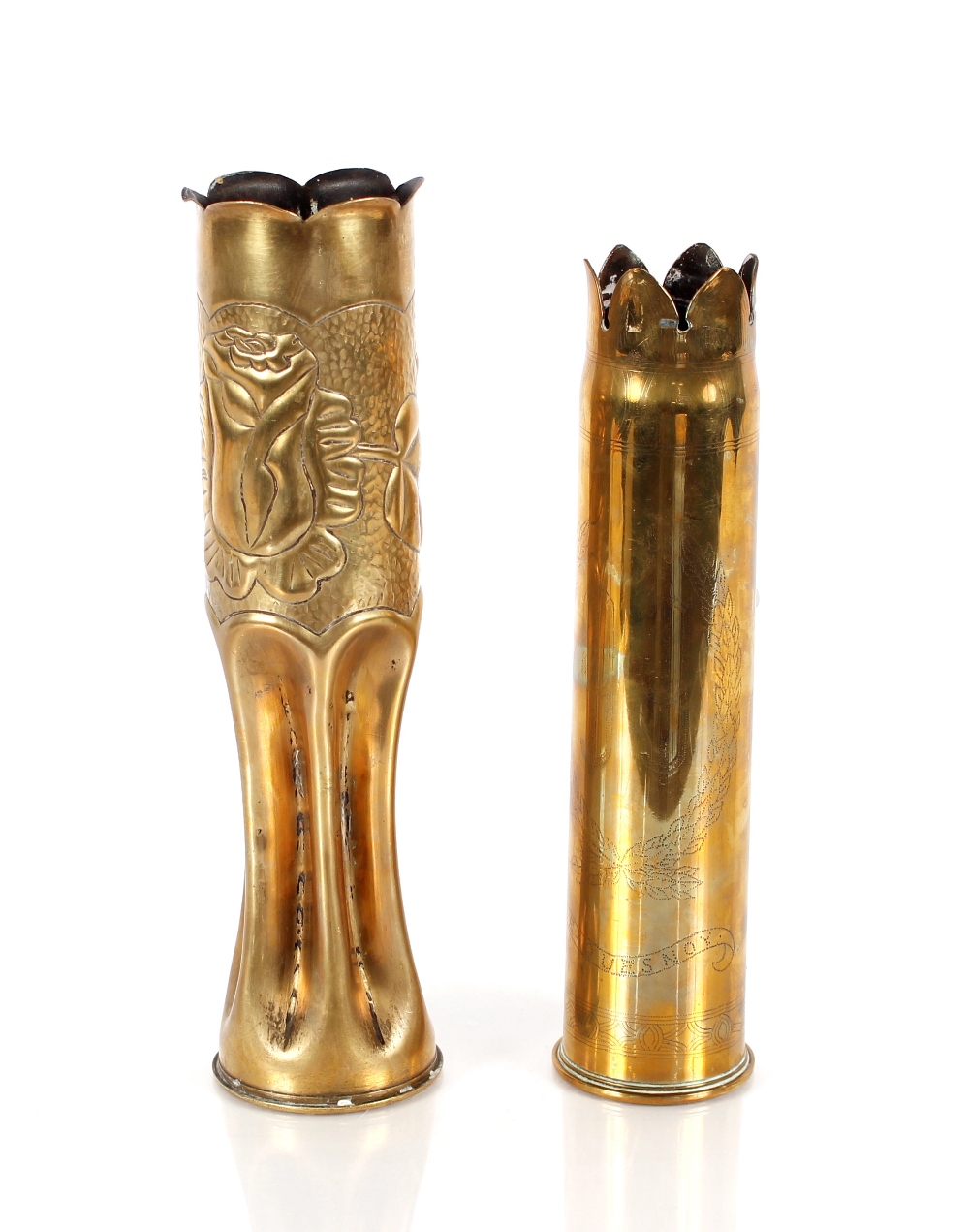 A Great war brass Trench Art shell case, engraved "Le Quesnoy", 30cm high; together with a WW2