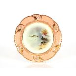 Five Minton Fish decorated cabinet plates, with central painted panels within pink and gilt