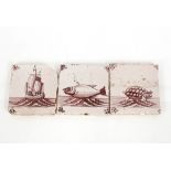 Three 18th Century Delft tiles, one depicting a se