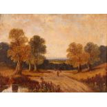19th Century school, rural study with figure gathering wood on a country path, unsigned oil on