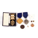 A 9ct gold Masonic medal; a silver gilt example; and various other medallions etc.