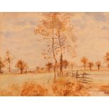 Thomas Churchyard, small landscape study with fields and trees, watercolour, 9cm x 11cm