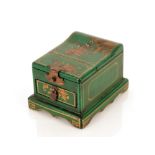 A Chinese green lacquer and chinoiserie decorated gilt ladies table box, the double hinged lid