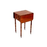 A Victorian mahogany drop leaf work table, fitted two short drawers, raised on ring turned