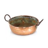 A small copper preserve pan, with iron loop handles, 42cm dia. overall