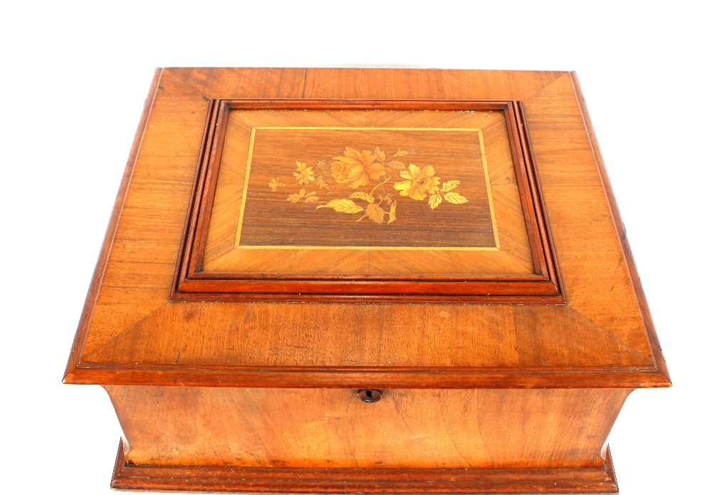 A walnut cased table model Polyphon, the hinged lid with floral inlaid decoration, complete with - Image 2 of 8