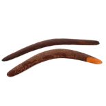Two 19th Century Aboriginal wooden boomerangs, one decorated with a kangaroo and emu's, the other