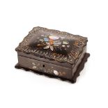 A Victorian papier mâché and mother of pearl inlaid jewellery box, with hinged lid and removable