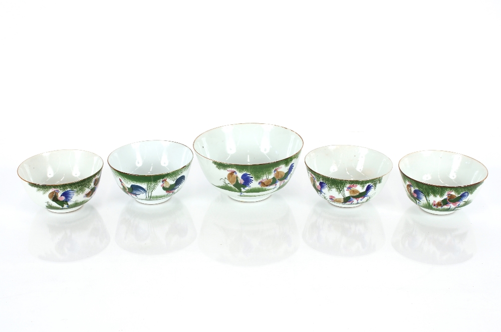 Five various late 19th / early 20th Century Chinese porcelain bowls, boldly painted with hens and an