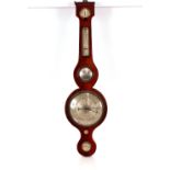 A 19th Century mahogany and boxwood strung banjo barometer thermometer, the silvered dials having