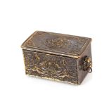 A 19th Century Chinese bronze box and cover, the lid with brick work and spandrels, having dragons