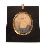 19th Century miniature portrait, of a lady wearing lace cap and blue dress (faded) contained in an