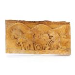 A Folk Art Type carved wooden panel, depicting a horse ploughing scene with town and hills in the