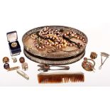 An oval plated galleried tray, and contents of mis