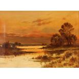 19th Century school, rural river scene at sunset, unsigned oil on canvas, 30cm x 40cm, contained