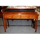 A burr oak and cross banded four drawer hall table of narrow proportions, 129cm wide x 77cm high x