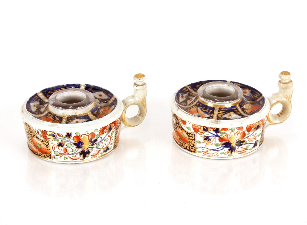 A pair of unusual 19th Century Crown Derby inkwells, decorated in the Imari pattern