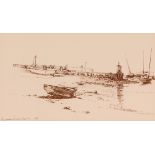 David Poole, "Burnham Overy Staith" pen and sepia ink, dated 1959, 18cm x 32cm