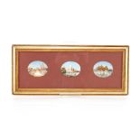 Three oval miniature Indian paintings, on ivory depicting Taj Mahal and two other landmarks in