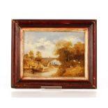 19th Century East Anglian school, river study with moored vessel near a bridge, figures and sheep
