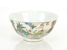 A Chinese famille verte bowl, decorated figures in a garden, underglaze blue six character mark to