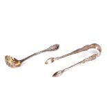 A Victorian silver sifter spoon, London 1858; and a pair of silver "Kings" pattern sugar tongs,
