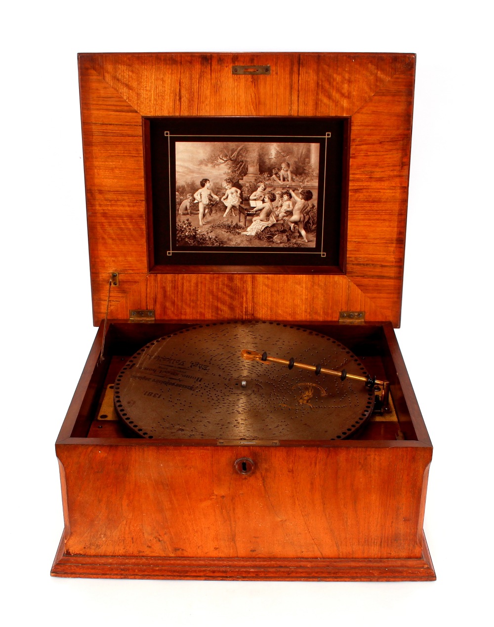 A walnut cased table model Polyphon, the hinged lid with floral inlaid decoration, complete with - Image 3 of 8