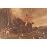 Style of Sir Alfred Munnings, "The Meet, Huntsmen and Hounds" indistinctly signed oil on canvas,