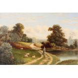 T Morris, rural study of a woman walking along a country path with pond and sheep nearby, rolling