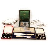 Six silver cased coffee spoons; various plated cutlery; an oval plated tureen etc.