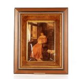 A 19th Century Christoleum picture, depicting a lady sewing with attendant infant in cot, 25cm x