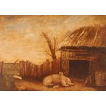 19th Century Naïve school, study of pigs in a sty, oil on canvas, 48cm x 66cm, contained in a