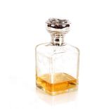 An etched glass and white metal mounted small decanter, 17.5cm