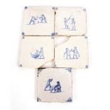 Five 19th Century blue and white Delft tiles, depi