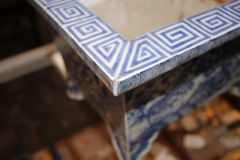 A large 19th Century Oriental blue and white rectangular cache pot, decorated with figures, - Image 6 of 17