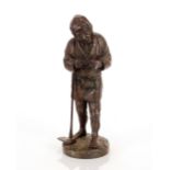 A Japanese bronze figure, of a man leaning on an axe with pipe in hand, 31cm high