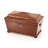 An Early 19th Century mahogany sarcophagus shaped tea caddy, with twin compartments, 33cm