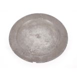 A large 18th Century pewter plate, inscribed "Bowood", 56cm dia.