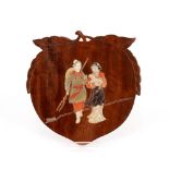 A pair of carved hardwood and soapstone inlaid plaques, in the shape of peaches decorated with