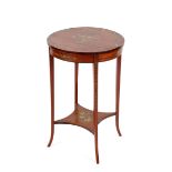 A satin wood and painted circular occasional table, decorated foliate sprays, basket and garden