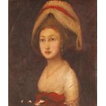 18th Century school, portrait study of a young girl with lace bonnet, unsigned oil on canvas, 35.5cm
