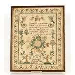 A 19th Century sampler, depicting birds, foliage and Religious text by Henriette Day October 23rd